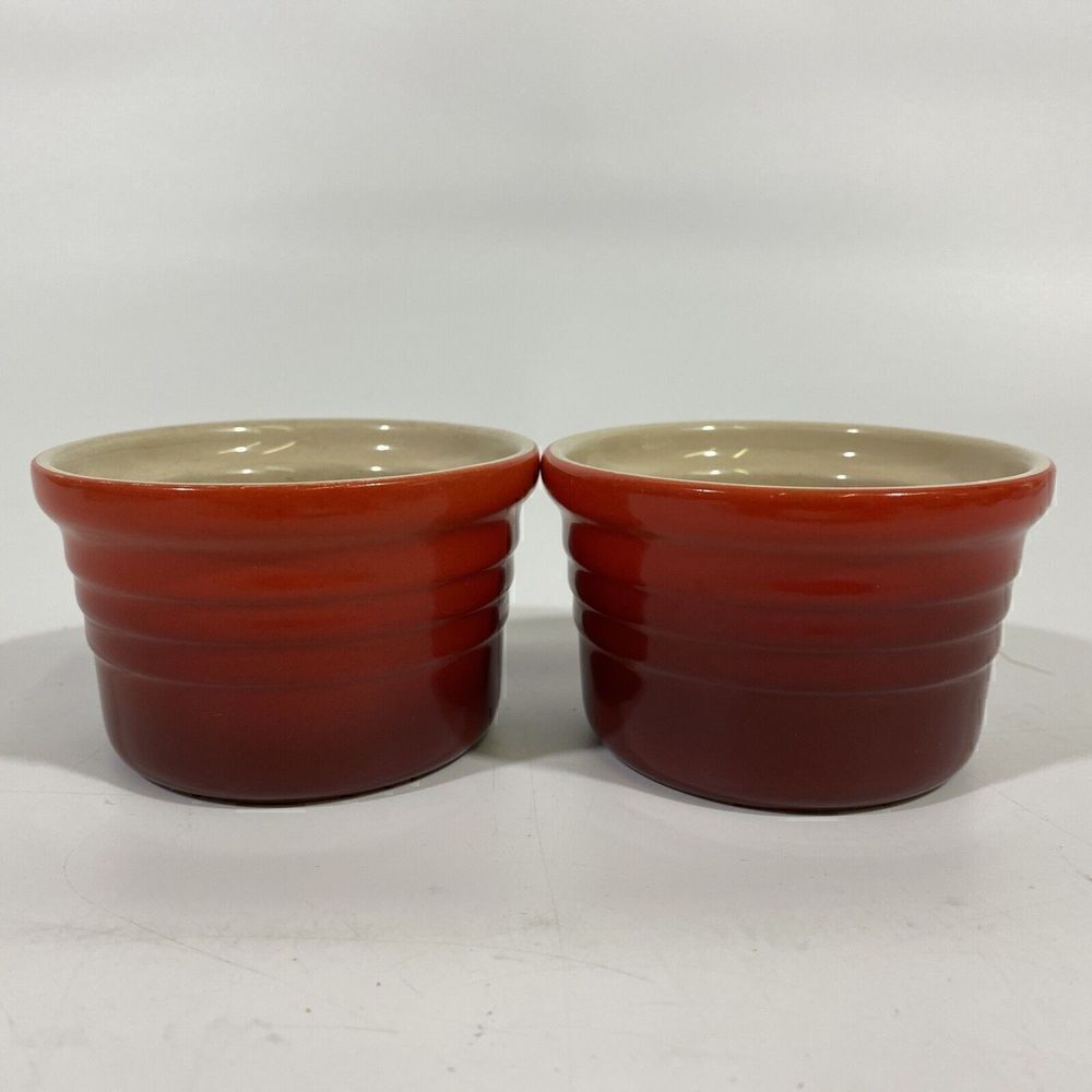 Set of 2 LE CREUSET France 3" Ribbed Ramekins Baking Cups Red